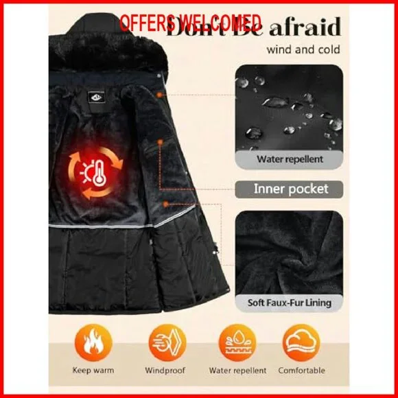 Long Puffer Winter Coat with Removable Fur Hood, Windproof Fleece Lining - Picture 5 of 8